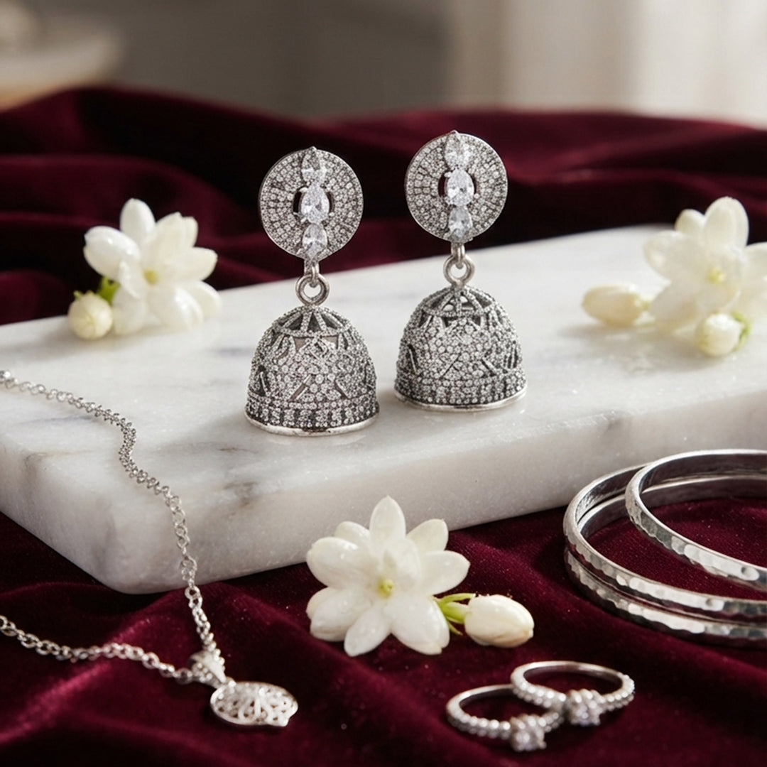 Silver Crystal Jhumka Earrings