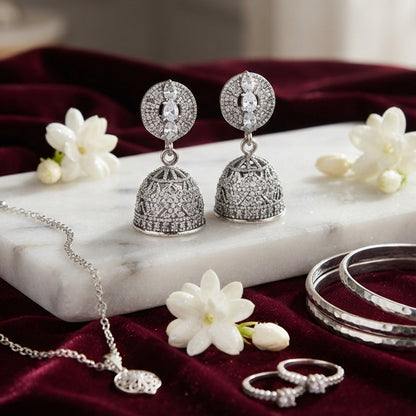 Silver Crystal Jhumka Earrings