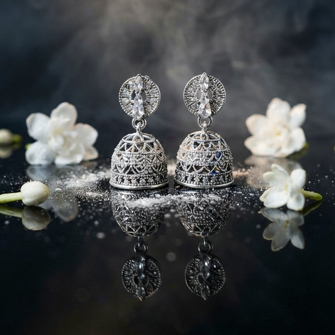 Silver Crystal Jhumka Earrings