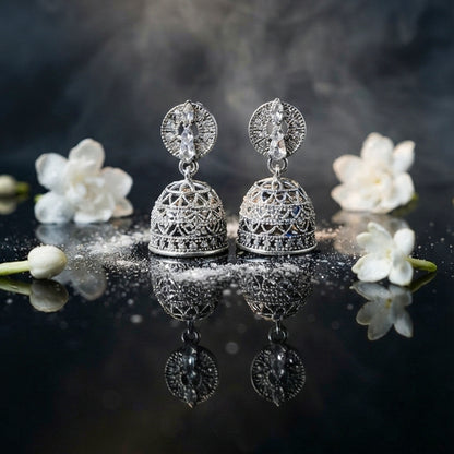 Silver Crystal Jhumka Earrings