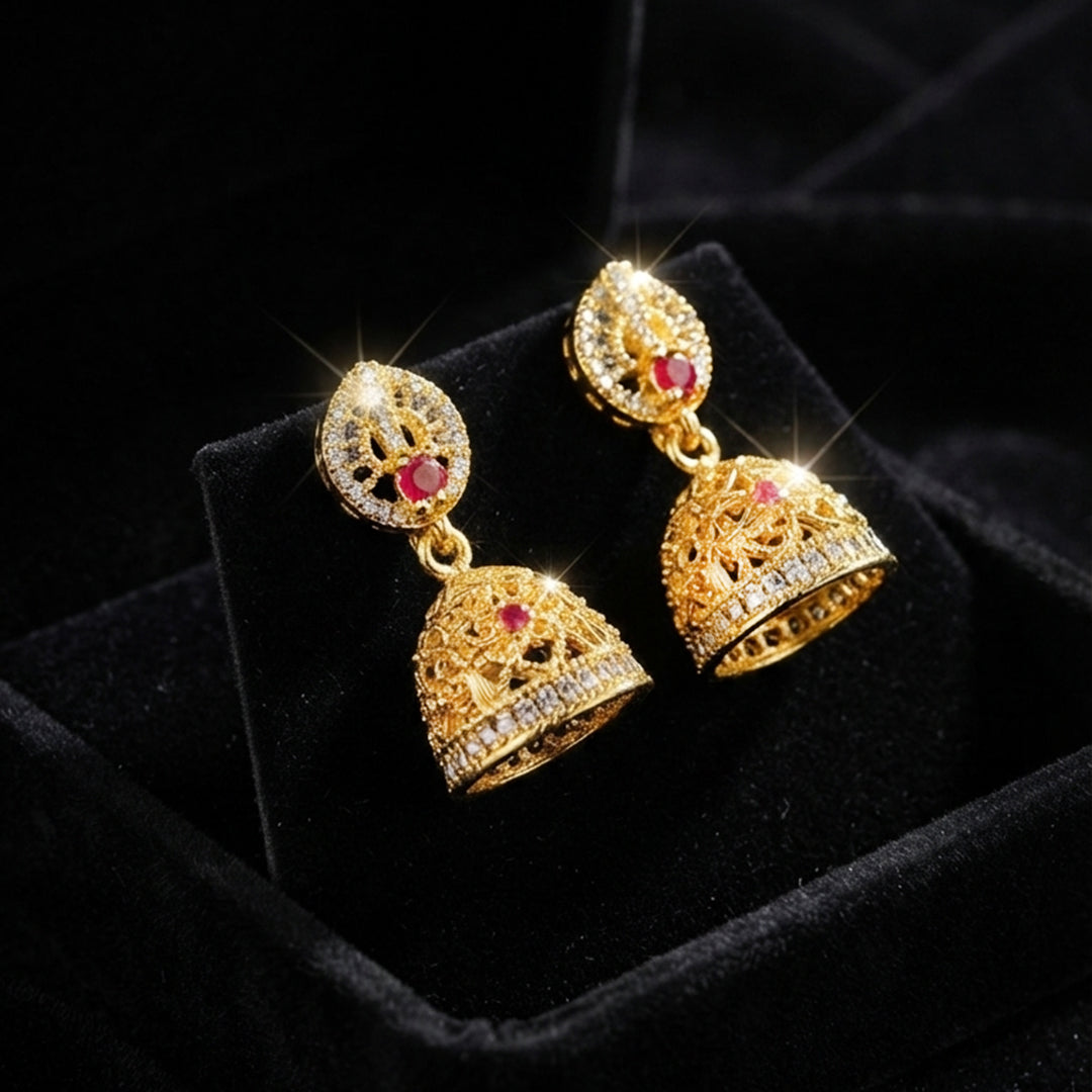 Gold Red Crystal Jhumka Earrings