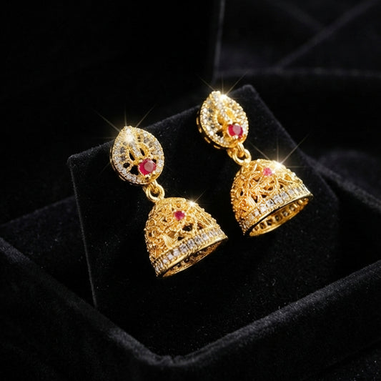 Gold Red Crystal Jhumka Earrings