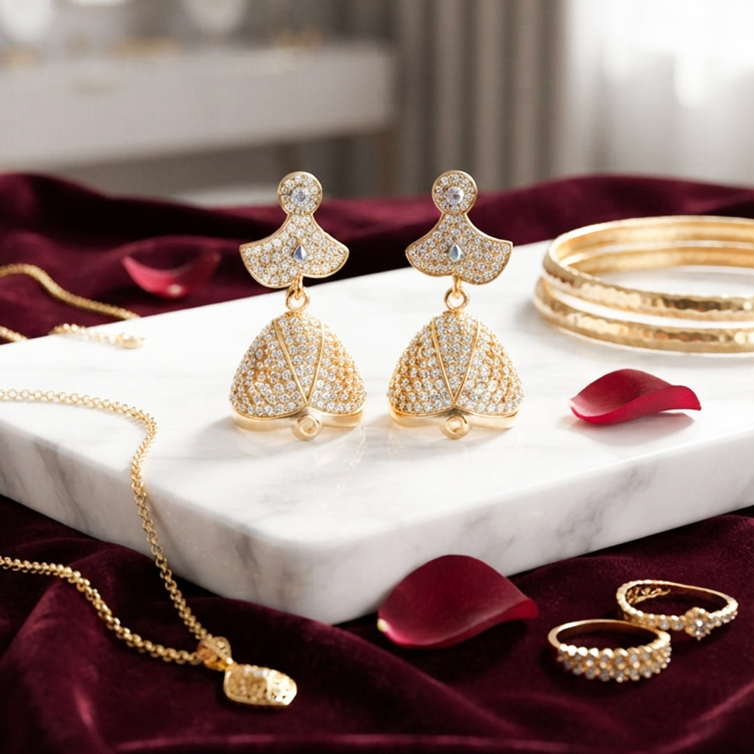 Gold Crystal Jhumka Earrings