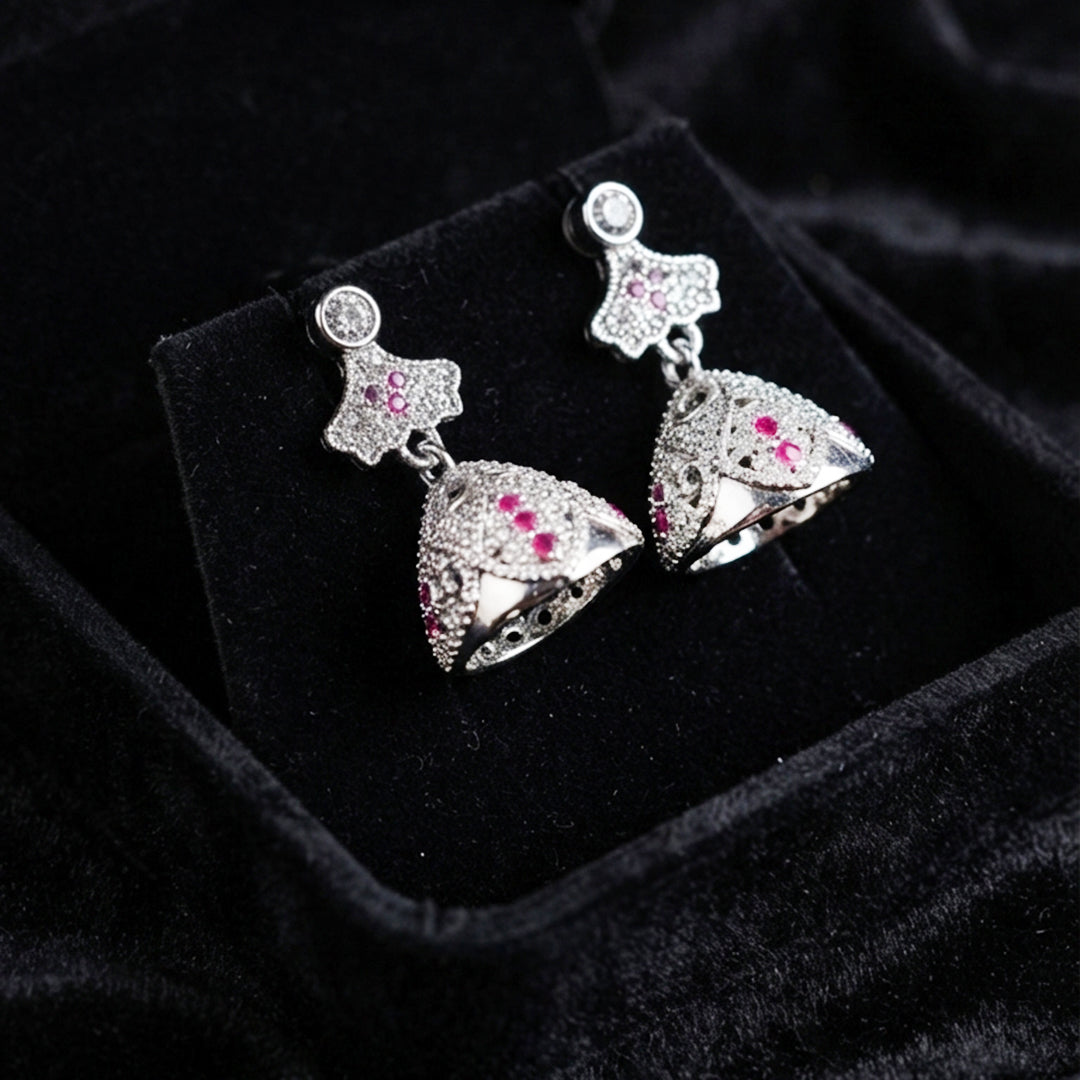 Silver Pink Jhumka Earrings