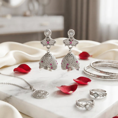 Silver Pink Jhumka Earrings