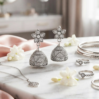 Silver Floral Jhumka Earrings