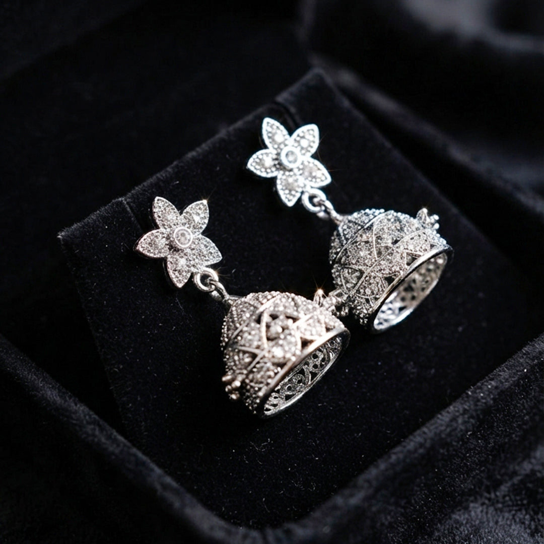 Silver Floral Jhumka Earrings