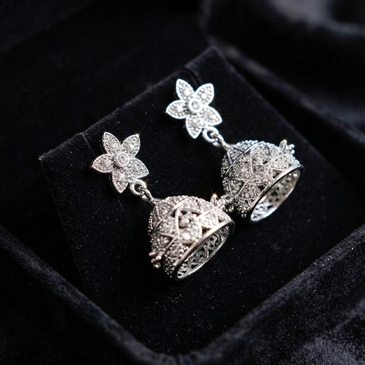 Silver Floral Jhumka Earrings