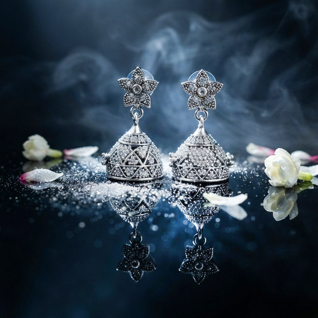 Silver Floral Jhumka Earrings