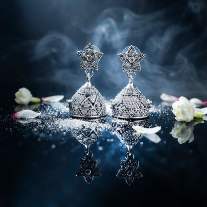 Silver Floral Jhumka Earrings