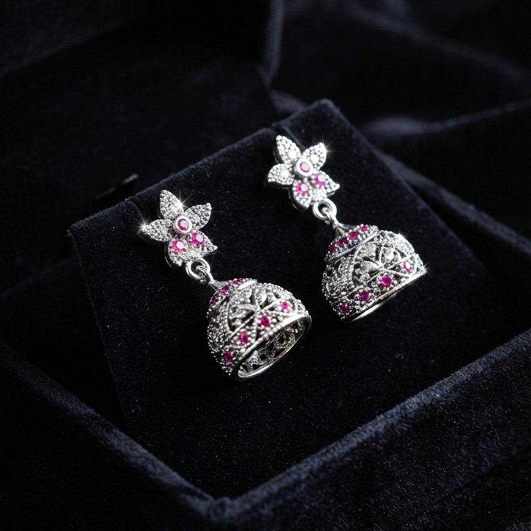 Silver Pink Floral Jhumka Earrings