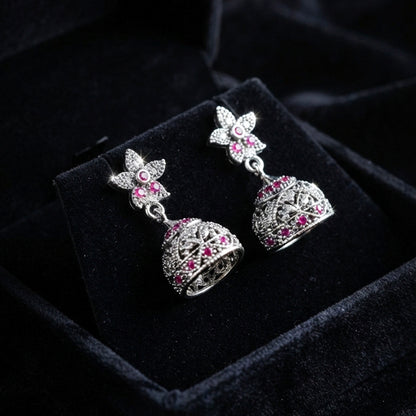 Silver Pink Floral Jhumka Earrings