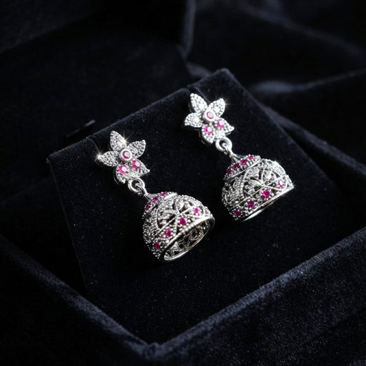 Silver Pink Floral Jhumka Earrings