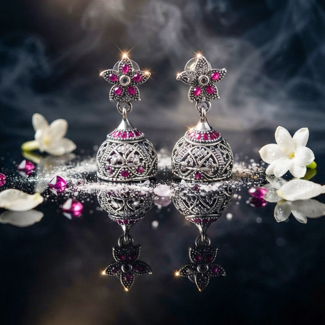 Silver Pink Floral Jhumka Earrings