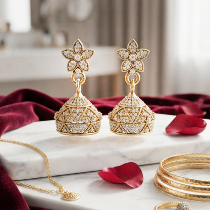 Gold Floral Jhumka Earrings