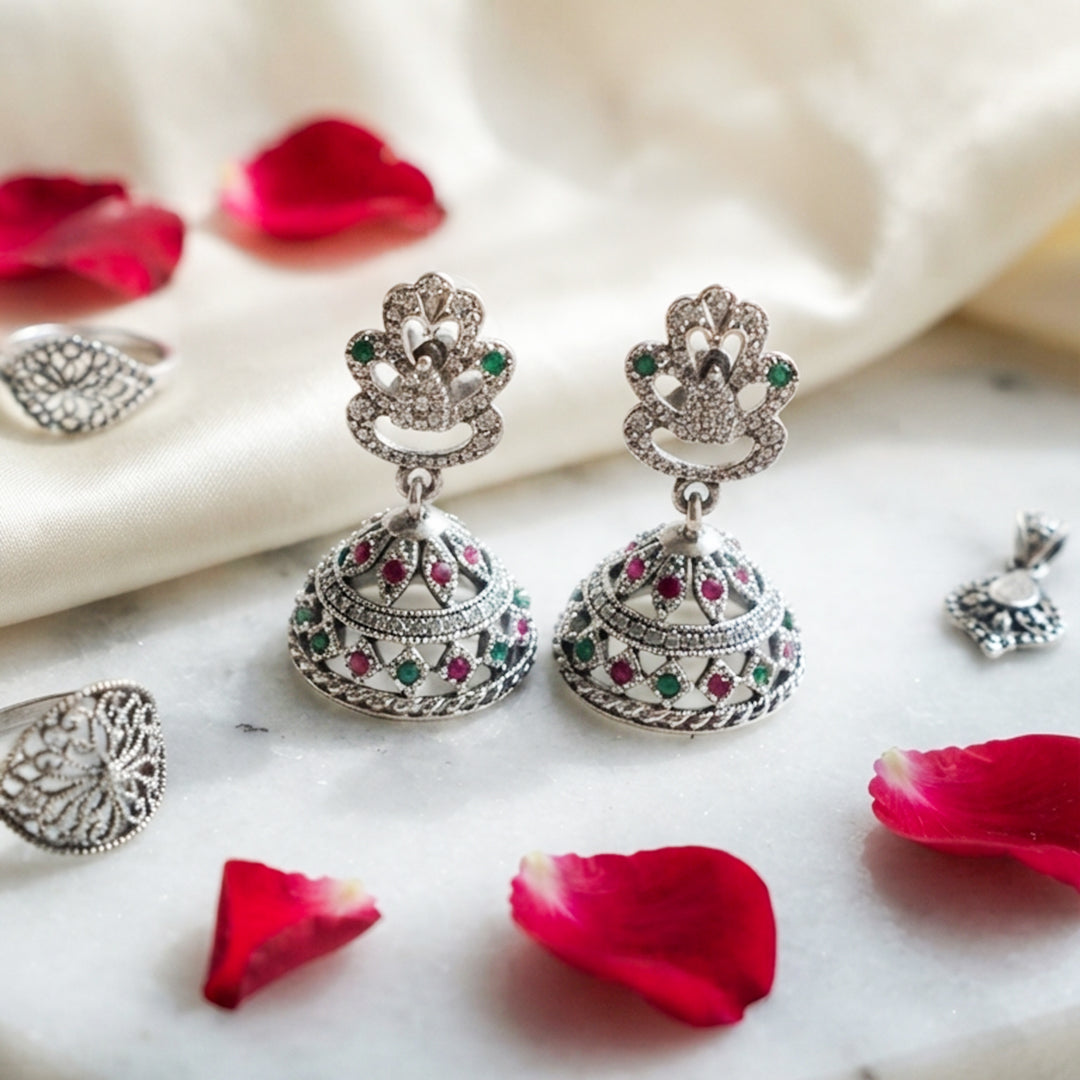 Silver Pink Crystal Jhumka Earrings