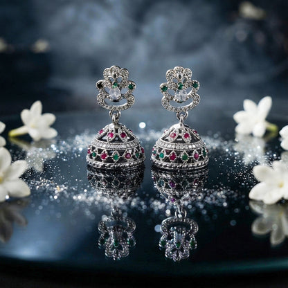 Silver Pink Crystal Jhumka Earrings