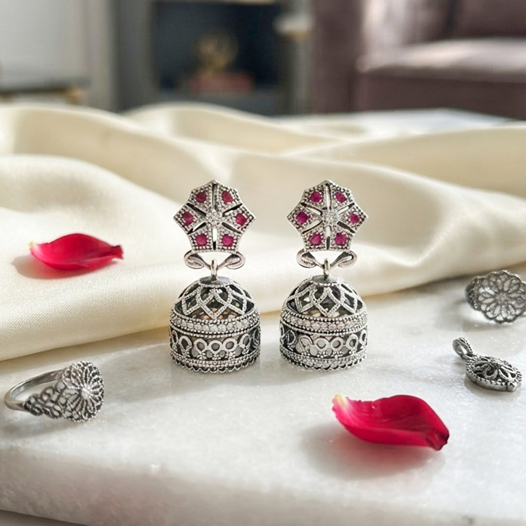 Silver Pink Jhumka Earrings