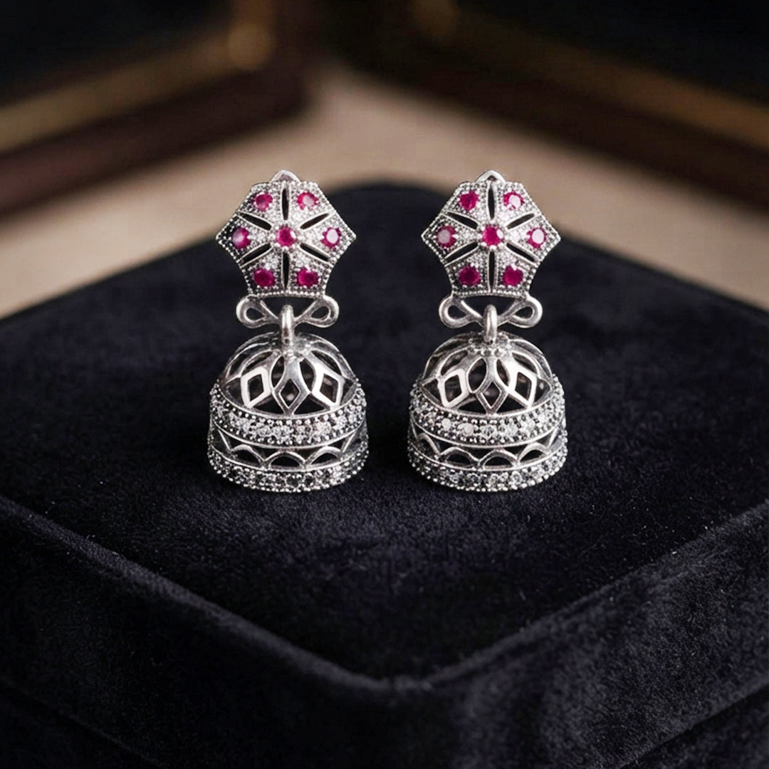 Silver Pink Jhumka Earrings
