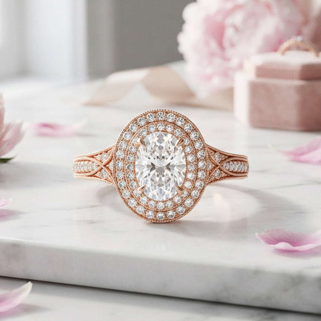Rose Gold Oval Diamond Halo Ring