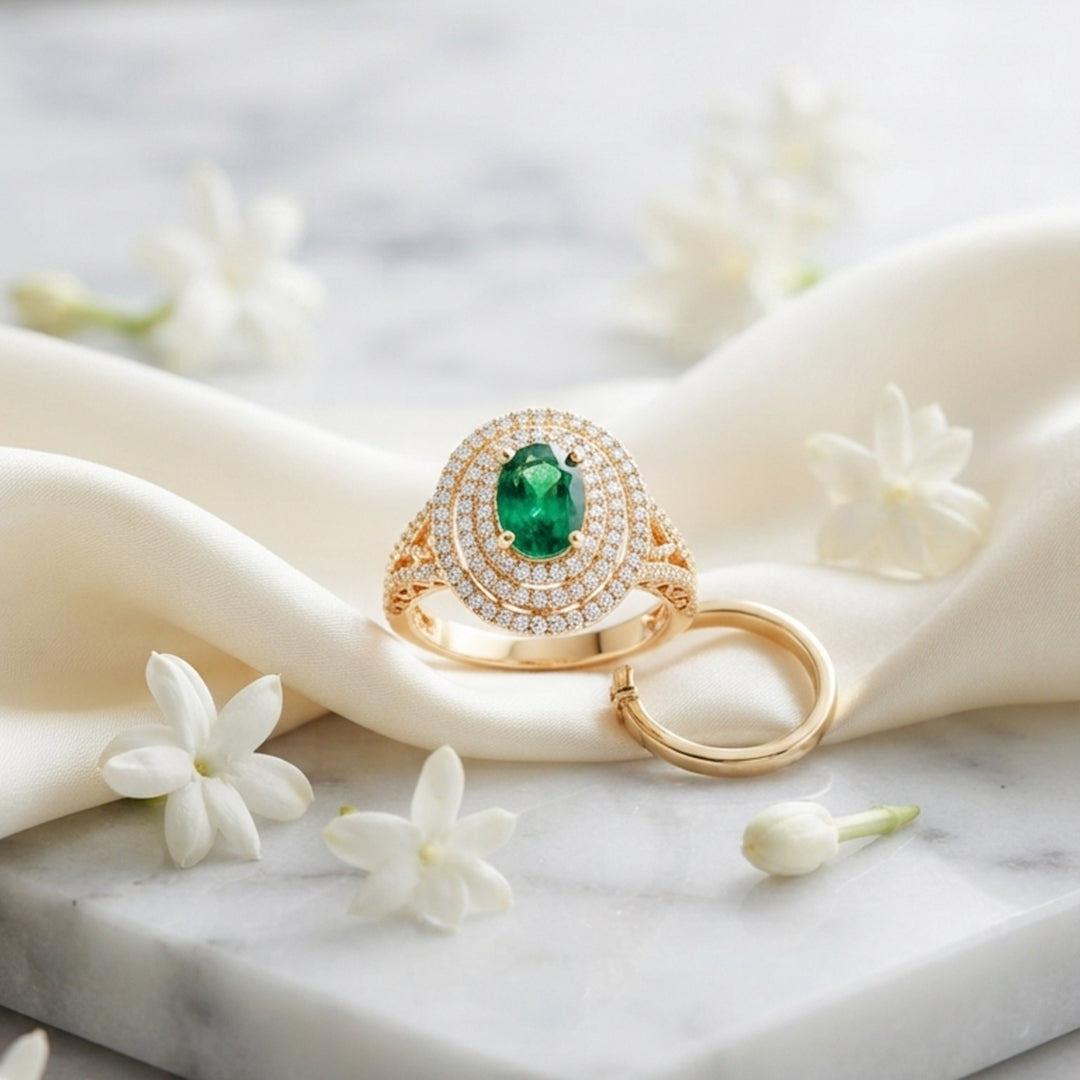Emerald Green Oval Halo Ring