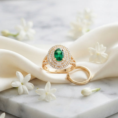 Emerald Green Oval Halo Ring