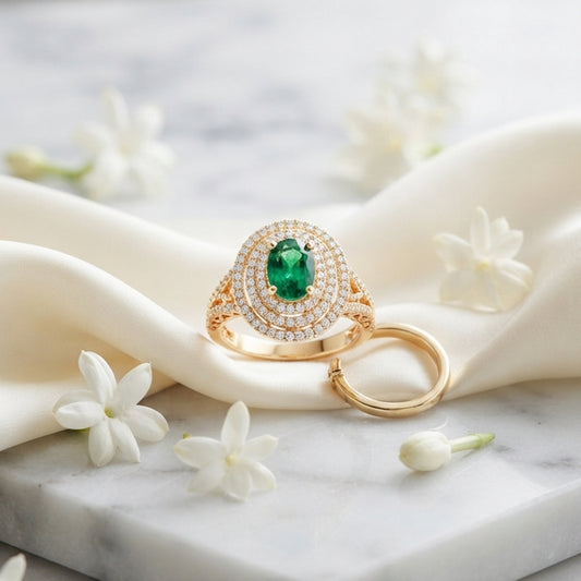 Emerald Green Oval Halo Ring