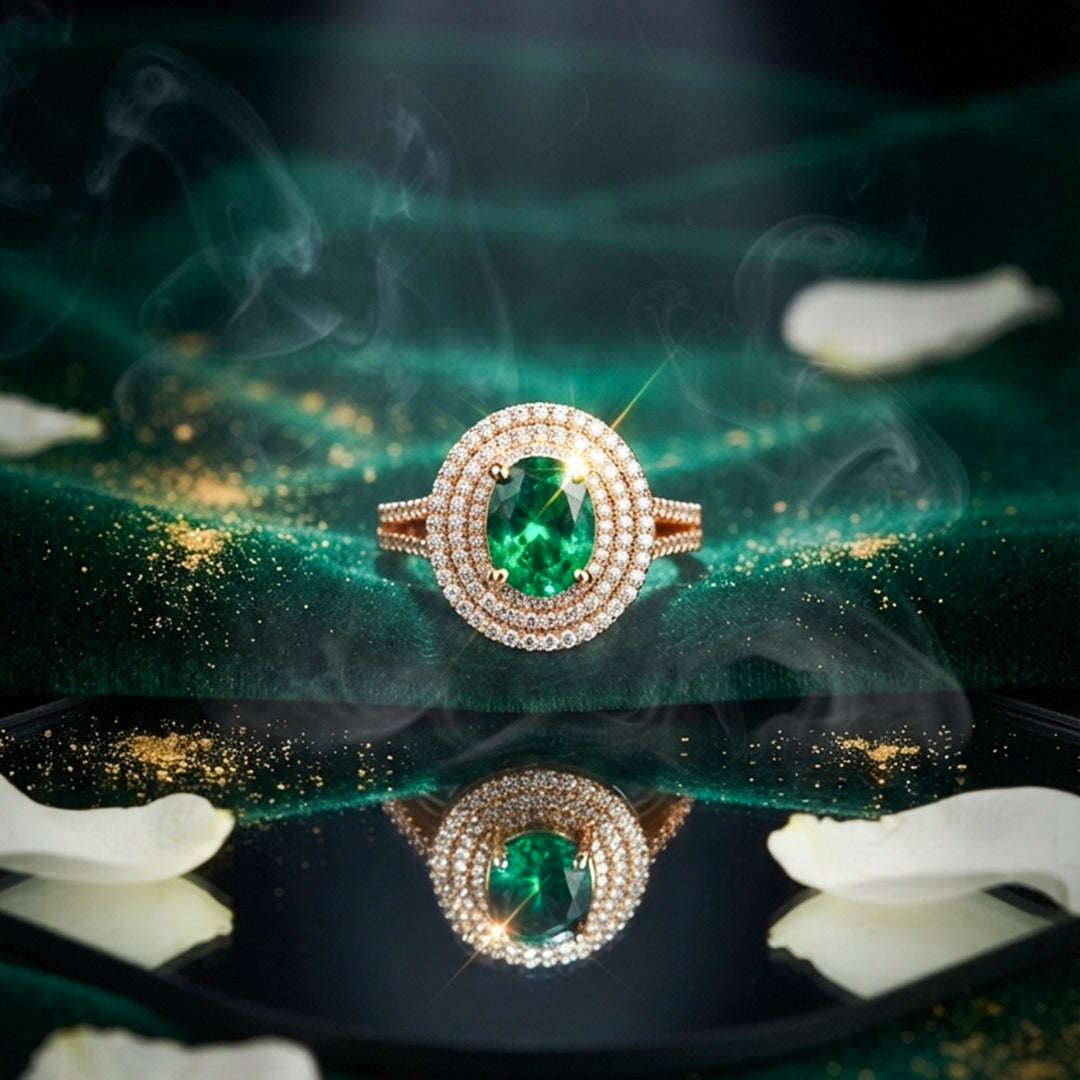 Emerald Green Oval Halo Ring