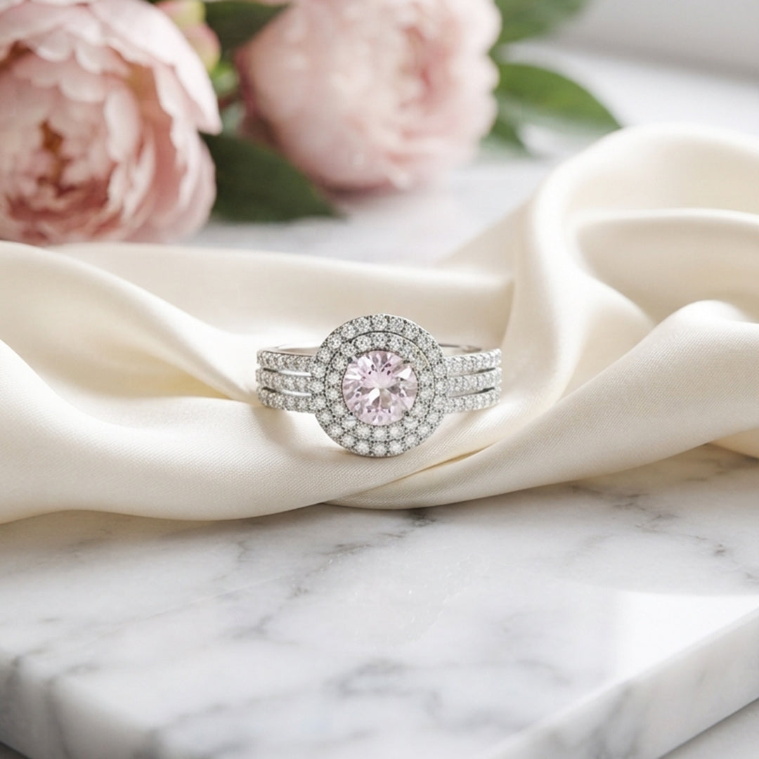 Silver Pink Oval Halo Ring