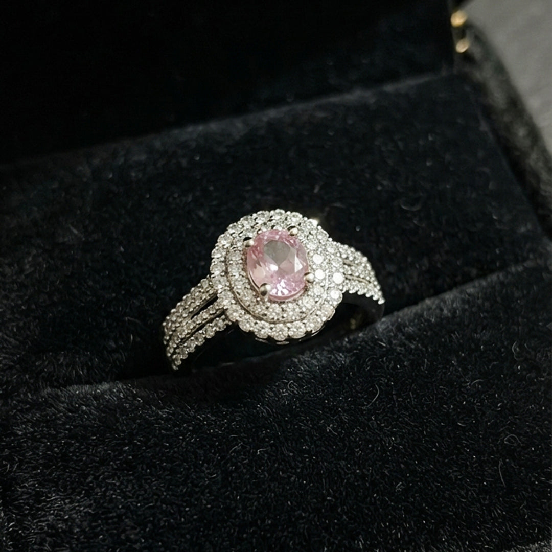 Silver Pink Oval Halo Ring