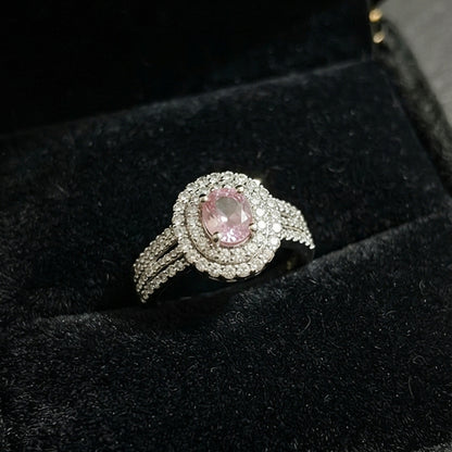 Silver Pink Oval Halo Ring