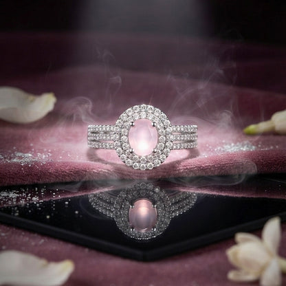 Silver Pink Oval Halo Ring
