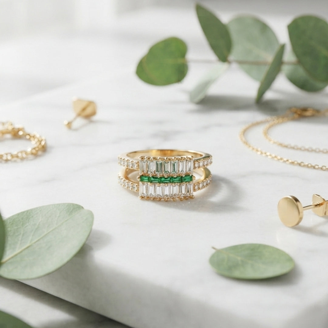 Gold Emerald Green Statement Ring