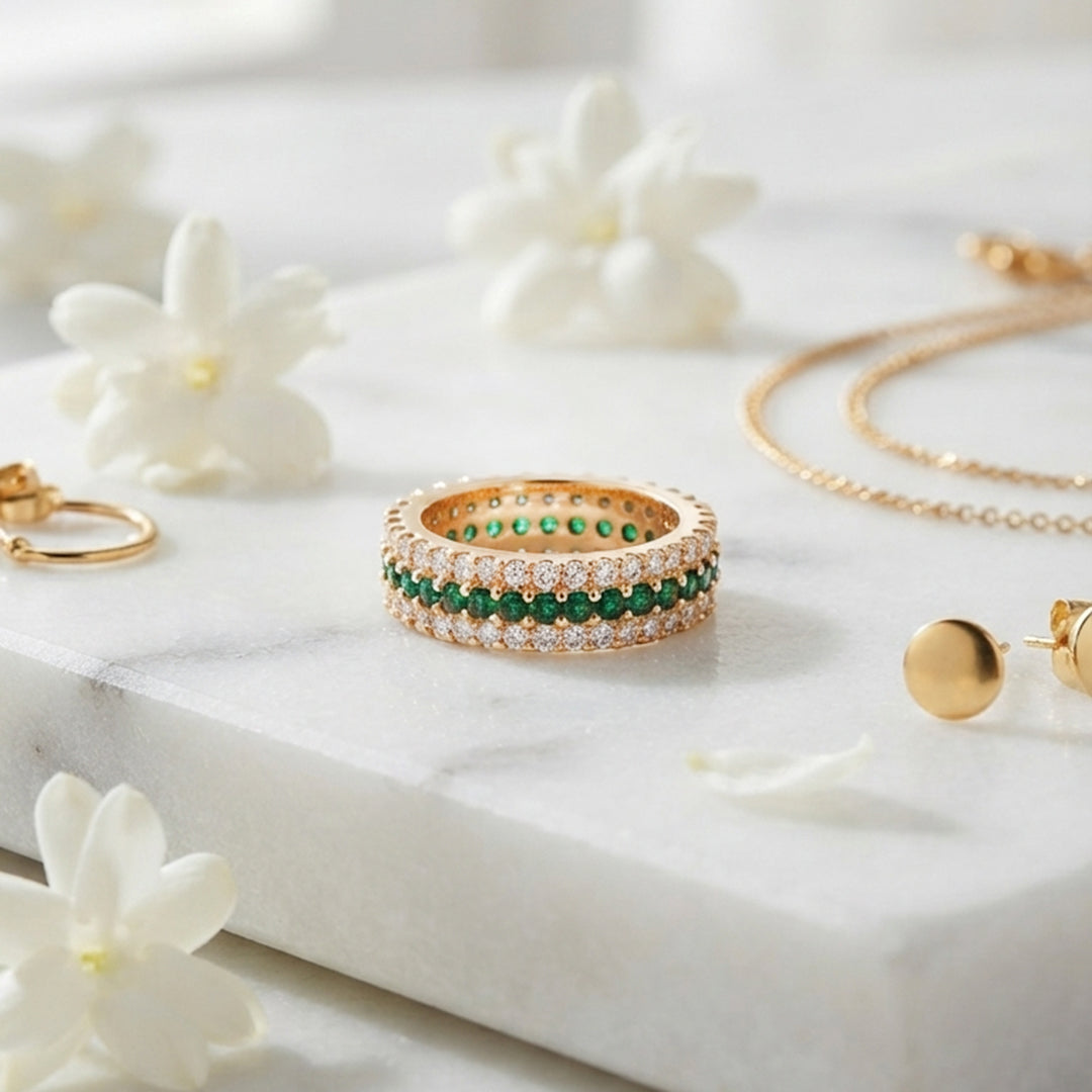 Gold Green Crystal Band Ring