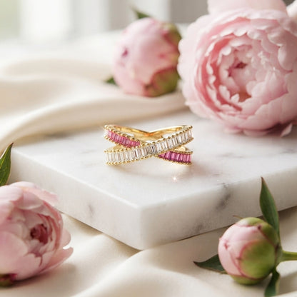Gold & Pink Cross Over Ring