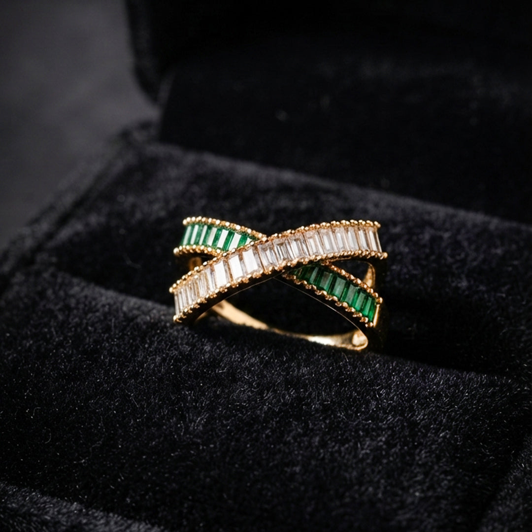 Gold & Green Cross Over Ring