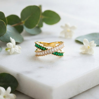 Gold & Green Cross Over Ring